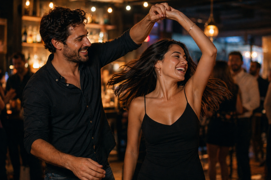 hombre girando a una mujer en un bar practicando el tira y afloje