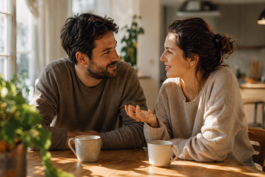pareja conversando y mejorando su relación de pareja en la cocina